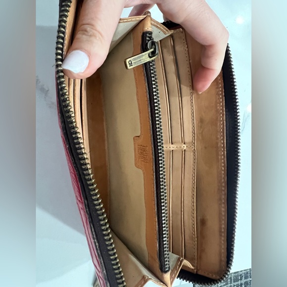 CAROLINA HERRERA Red Monogram Embossed Leather Zipper Continental Wallet - Picture 7 of 14